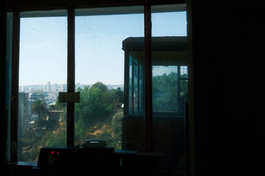 View of city and trees through a window.
