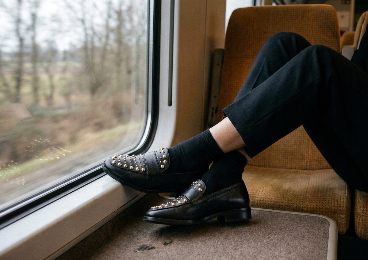 Zwarte loafers met gouden studs, onderweg in de trein