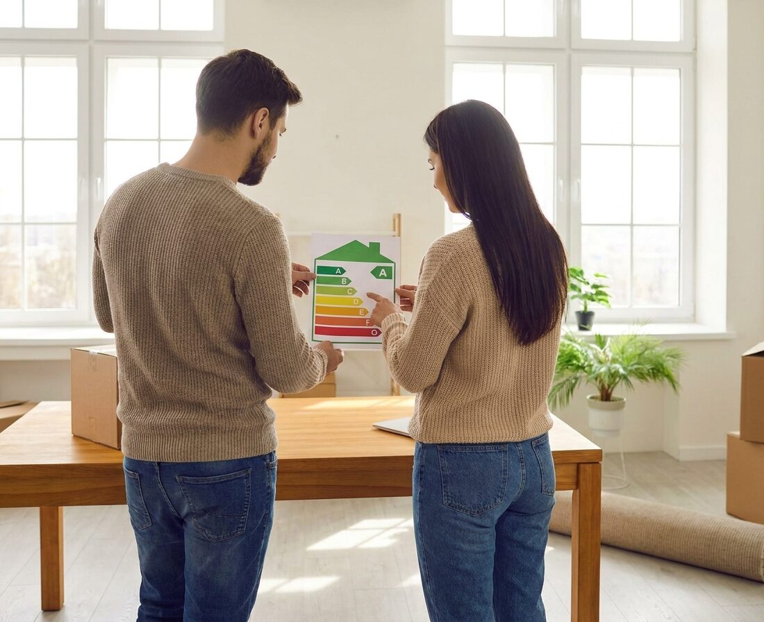 Jong stel bekijkt de gevel en ramen van een oudere rijtjeswoning tijdens een bezichtiging