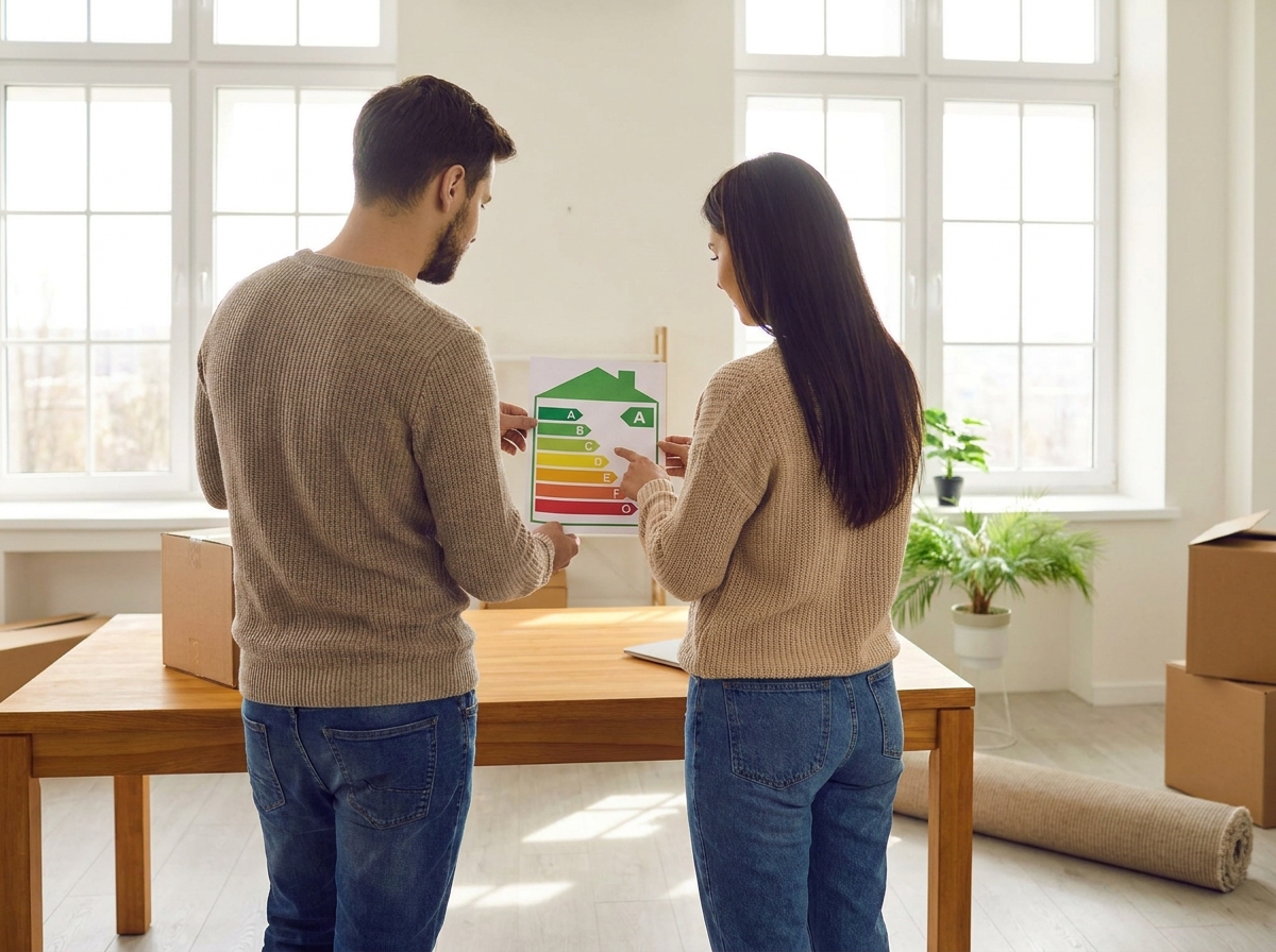 Jong stel bekijkt de gevel en ramen van een oudere rijtjeswoning tijdens een bezichtiging