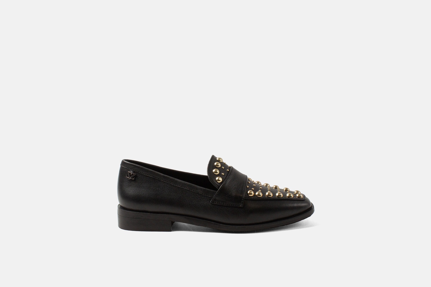 Lazamani Benthe, zwarte leren loafer met gouden studs
