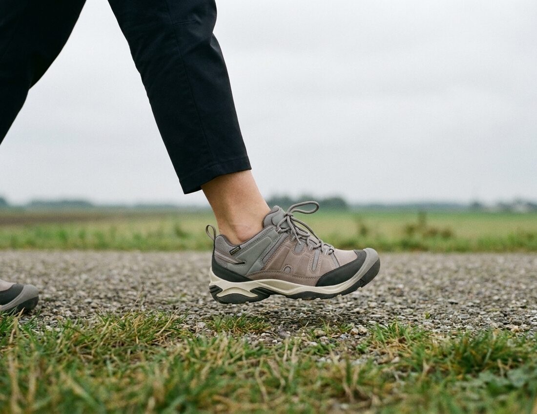 Lage wandelschoenen op een dijkpad