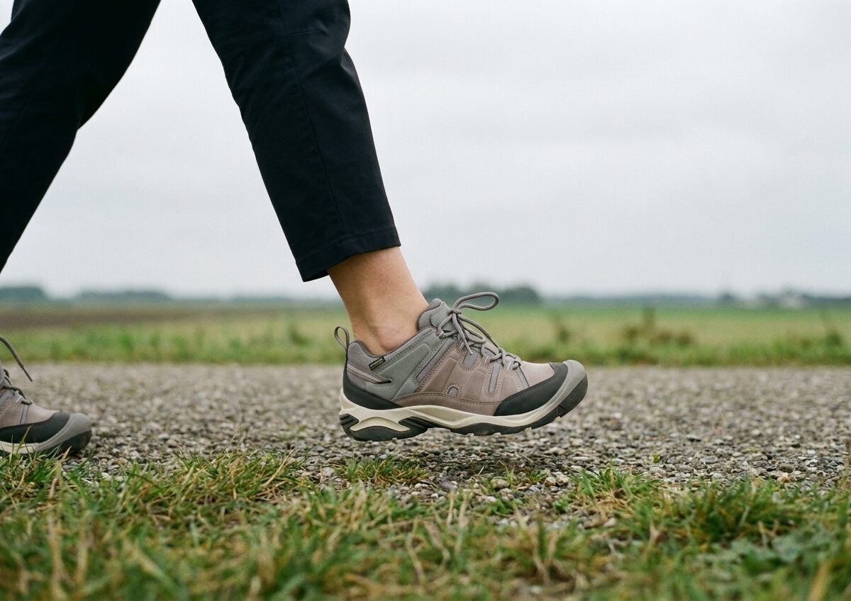 Lage wandelschoenen op een dijkpad