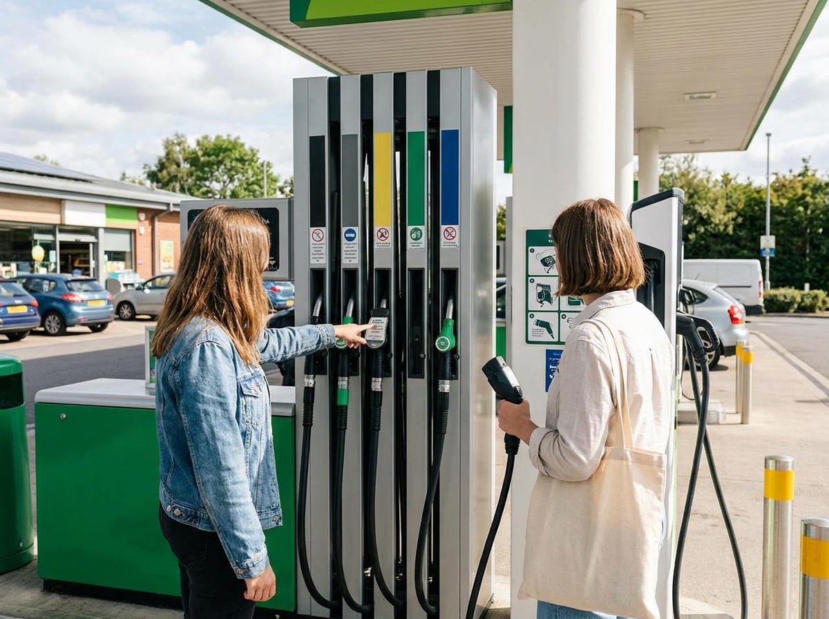 Vulpistool aan een brandstofpomp met het ruitvormige E10-label duidelijk zichtbaar op de greep