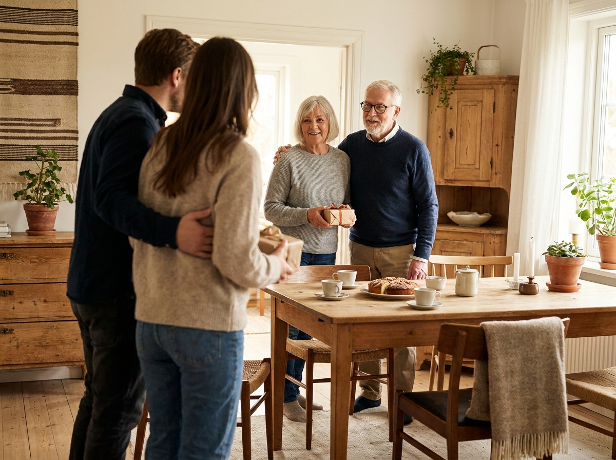 Vier mensen aan een eettafel met koffie en een schaal koekjes, in een gewone huiskamer