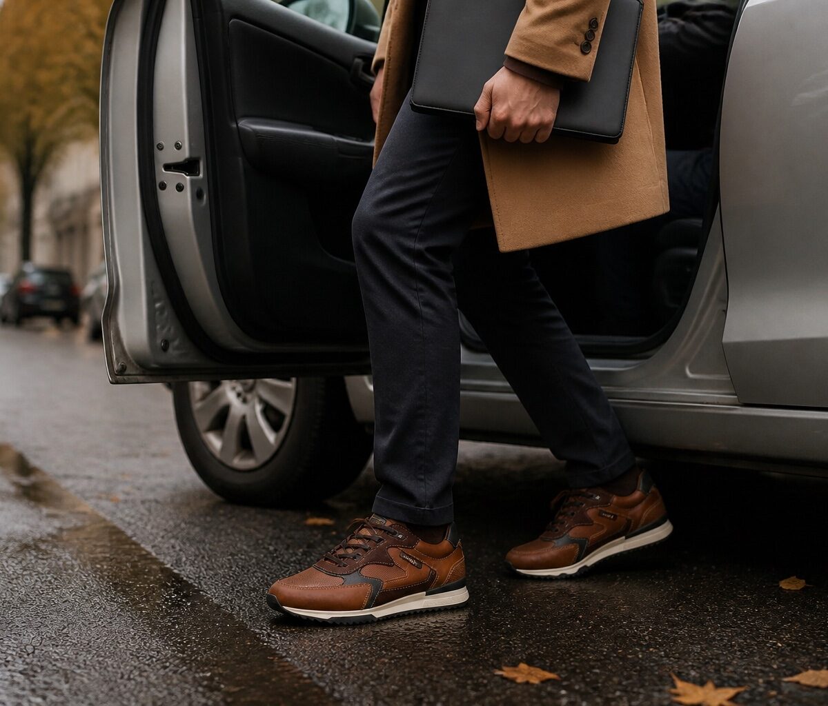 Jonge man stapt uit zijn auto op weg naar een sollicitatiegesprek, op bruine leren sneakers