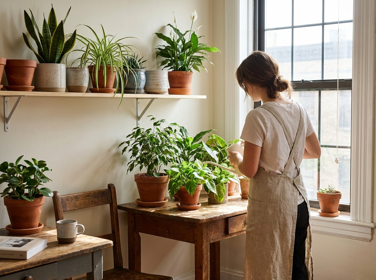 Sansevieria en graslelie in kweekpotten op een vensterbank in een lichte kamer