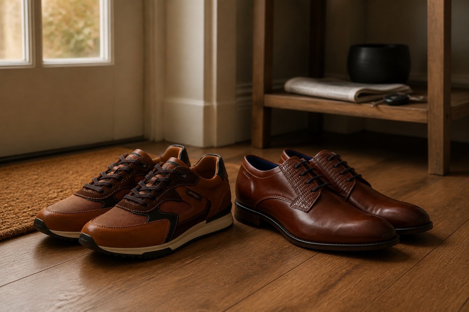 Bruine leren sneakers en cognac veterschoenen naast elkaar in een hal