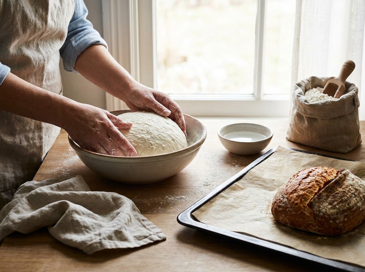Bol brooddeeg in een beboterde ovenschaal naast een weegschaal, bloem en een pak gist op een keukenblad