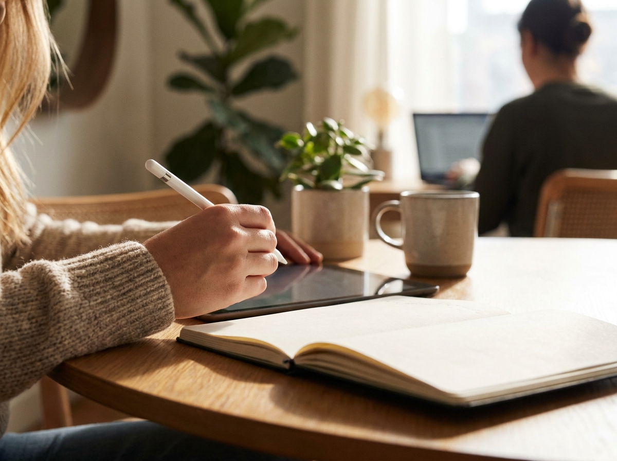 Laptop met een leeg document en een notitieblok op een vergadertafel met koffiekopjes