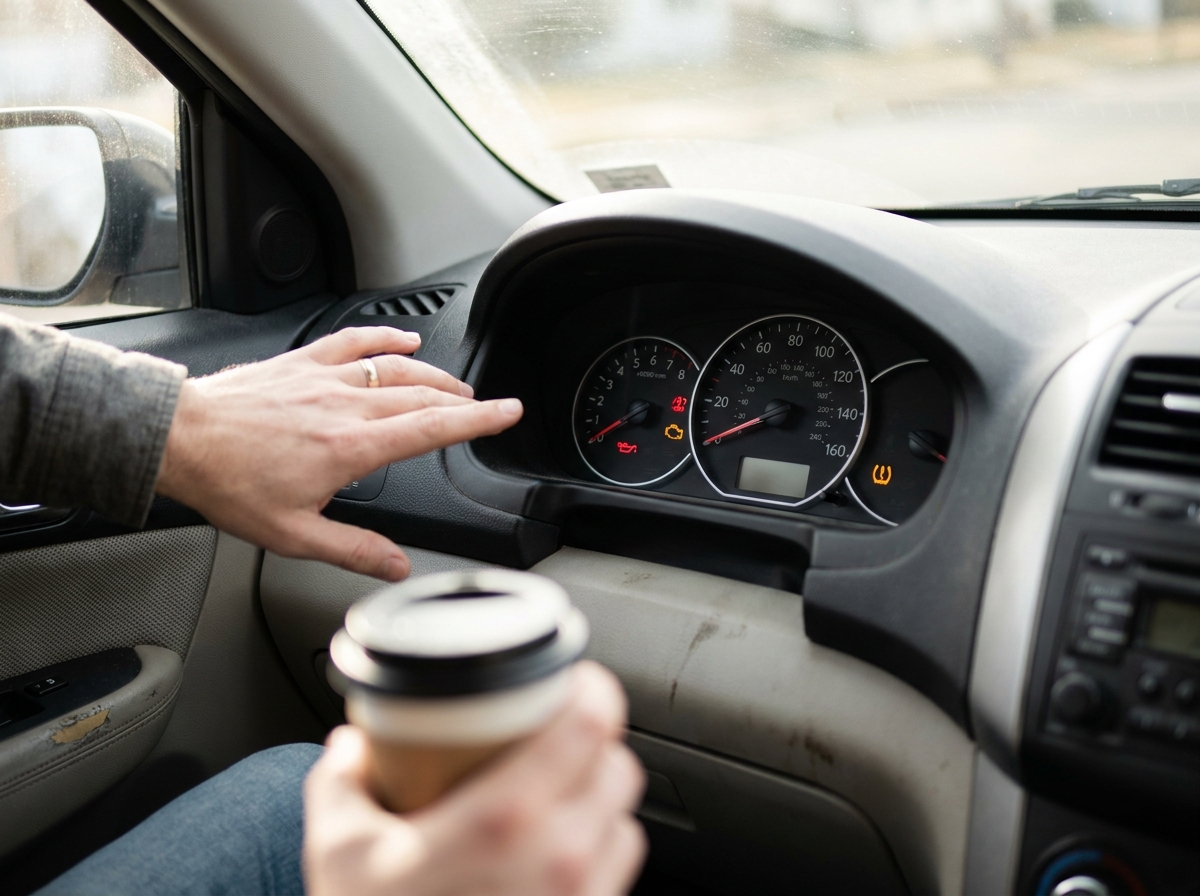Dashboard van een auto met verlichte waarschuwingslampjes achter het stuur
