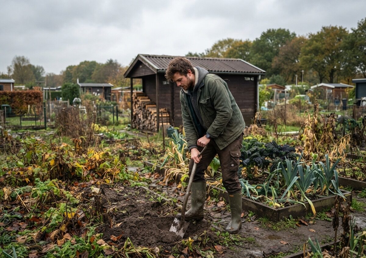Jonge man op hoge rubberen laarzen aan het spitten op een volkstuin in de herfst