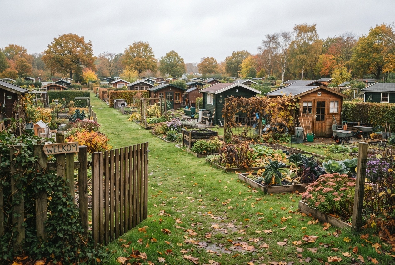 Volkstuincomplex in de herfst met schuurtjes en grasstroken