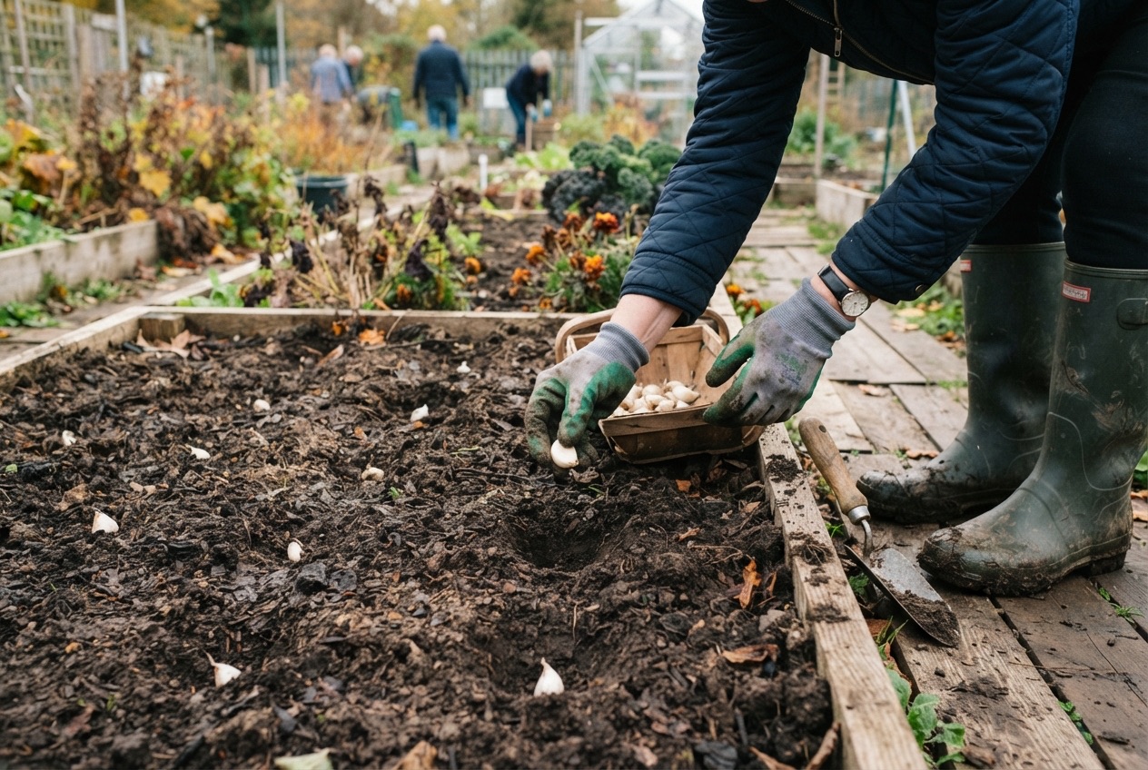 Knoflookteentjes planten in een bed op de volkstuin