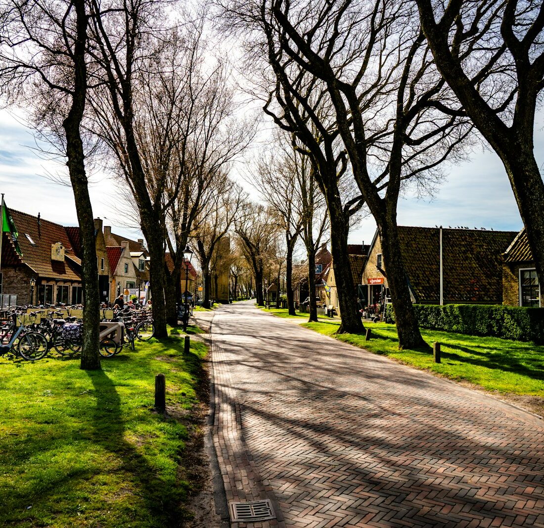 Rijtjeshuizen in een Nederlandse straat met een te koop-bord